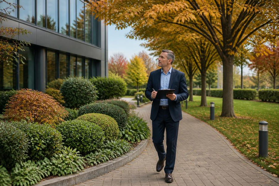 Facilities manager in business attire walking across a commercial office park grounds with clipboard, inspecting mature trees, manicured shrub beds, and paved pathways on a clear autumn morning