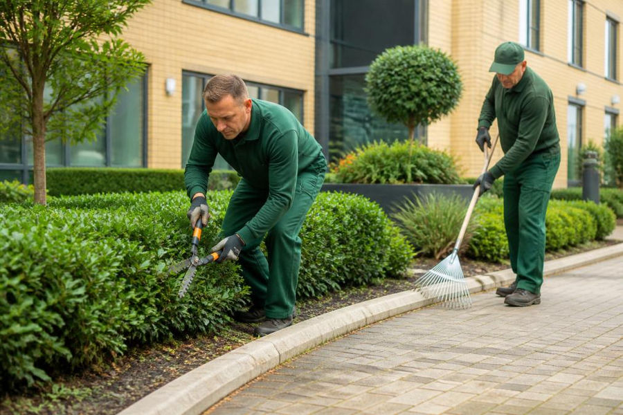 Professional grounds maintenance team in branded uniforms working on office landscaping with attention to detail, demonstrating regular site upkeep and professional standards