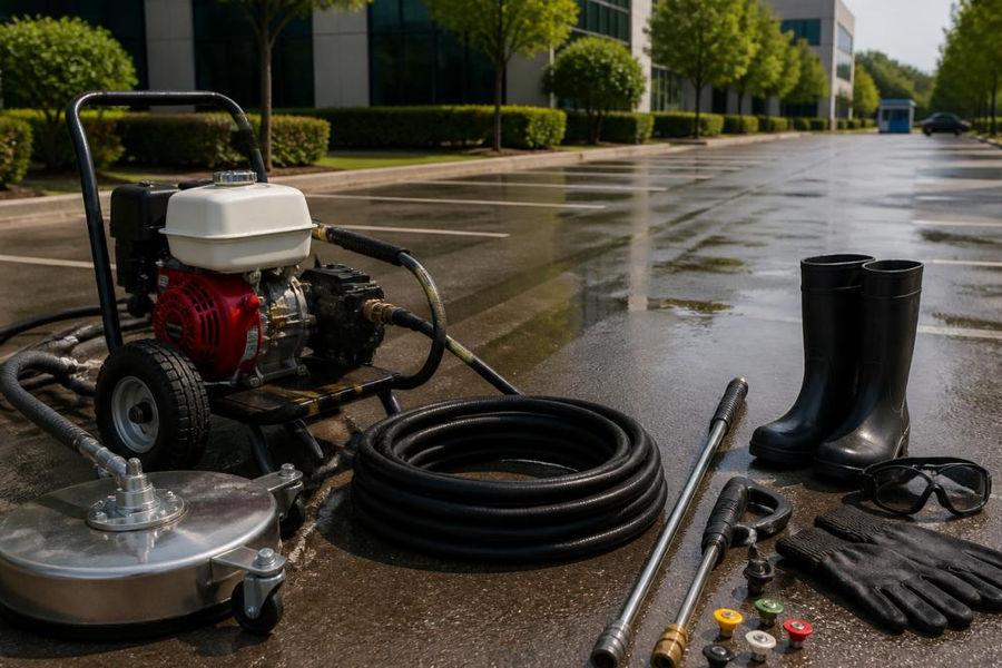 Professional pressure washer setup on a car park with surface cleaner attachment, high-pressure hose, nozzle kit, extension wand, and safety equipment arranged beside the machine in afternoon light