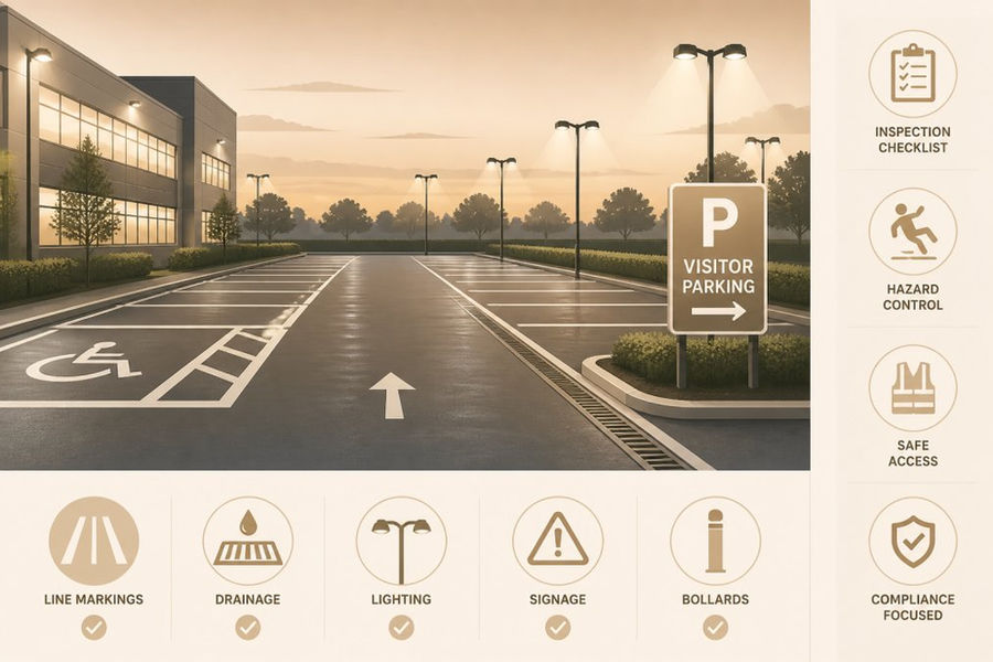 Well-maintained commercial car park at dusk showing clear white line markings, proper drainage channels, professional safety signage, and even lighting across clean asphalt surface