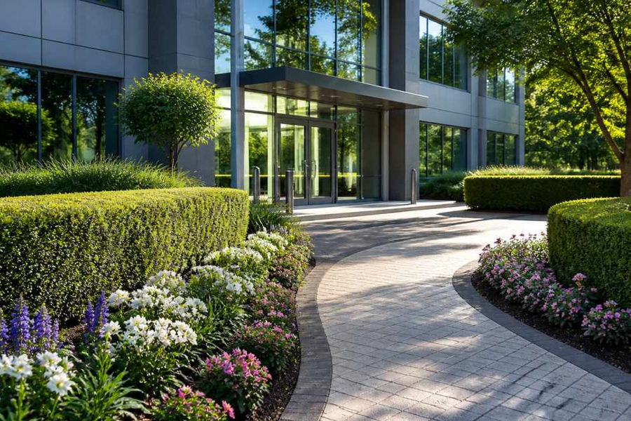 A well-maintained office building entrance with clipped hedges, seasonal planting beds, and a swept pathway leading to glass doors, photographed on a bright morning