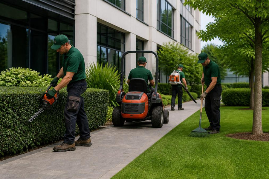 Professional landscaping team in branded uniforms performing grounds maintenance work at a commercial office building, with equipment visible and focused attention on lawn care and hardscaping