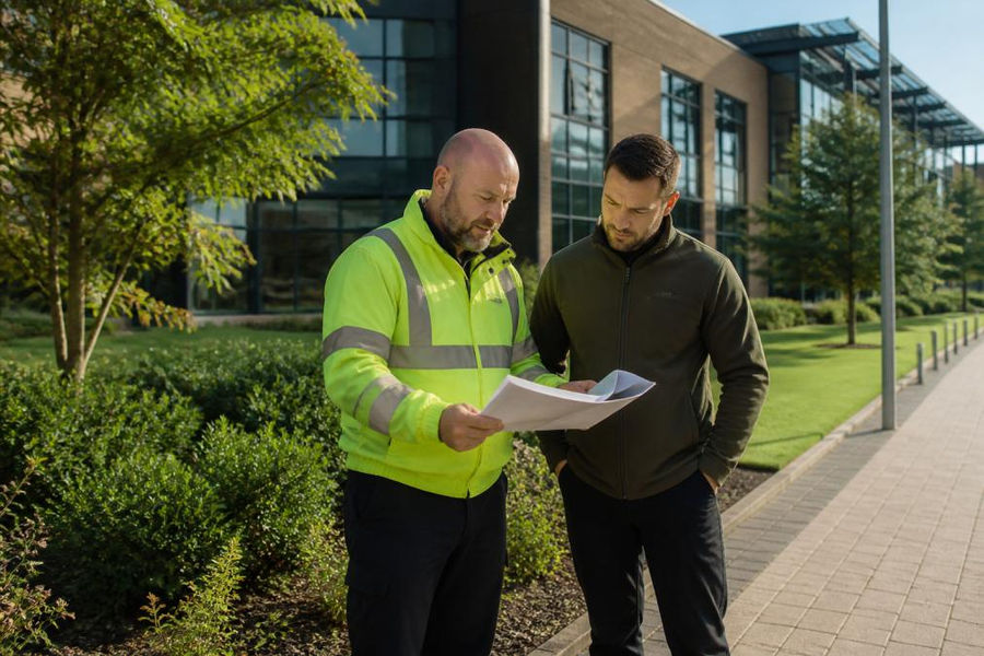Grounds maintenance team leader and office building facilities manager standing on-site reviewing printed maintenance schedule and site conditions in morning sunlight, with commercial property visible in background