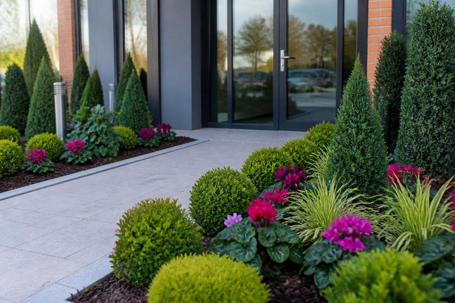 Close-up photograph of professionally maintained landscaping beds flanking an office entrance, featuring a mix of evergreen shrubs, seasonal flowering plants in coordinated colours, clean edging, and neatly raked mulch, with the entrance door clearly visible in the background
