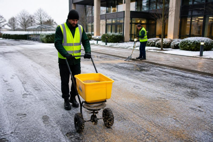 Grounds maintenance team applying winter gritting to office car park and pathways during frost conditions, with professional equipment and safety protocols visible