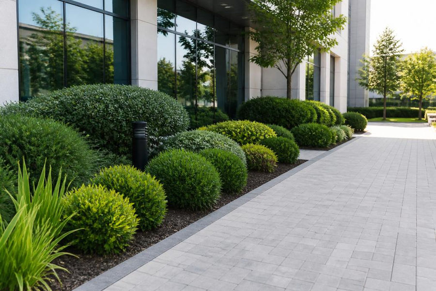 A well-maintained office building exterior with manicured green shrubs, clean hardscaping pathways, and professional landscape design in natural daylight