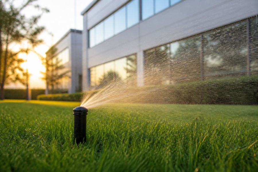 Close-up of commercial irrigation sprinkler system actively watering well-maintained lawn with office building visible in soft-focus background during golden hour lighting