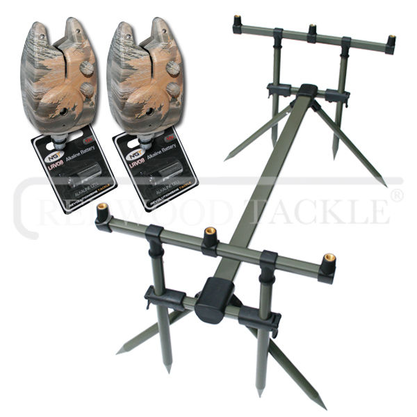 Goal Post Rod Pod & 2 Camo Bite Alarms + Batteries