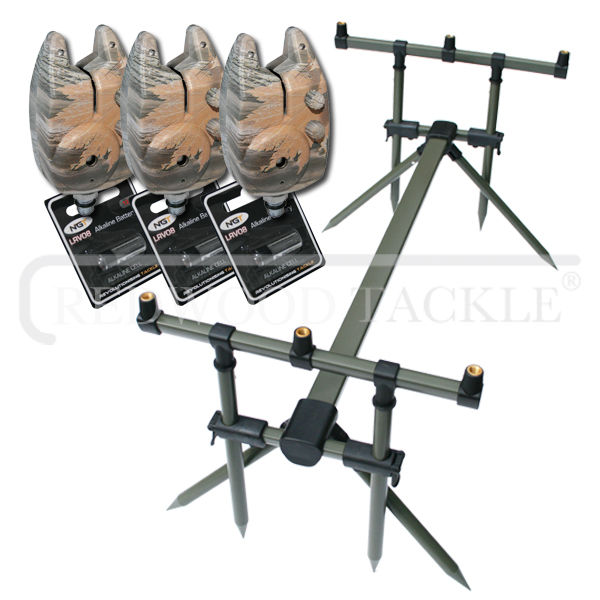 Goal Post Rod Pod & 3 Camo Bite Alarms + Batteries