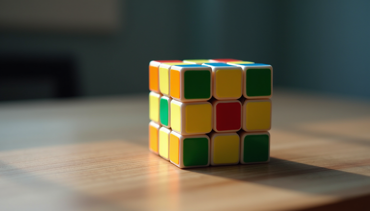 Eye-level view of a 3x3 Rubik's Cube with a stripes pattern