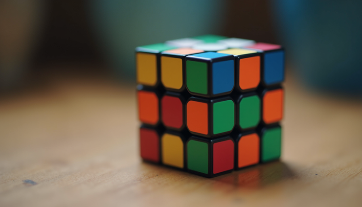 Close-up view of a 3x3 Rubik's Cube showing a checkerboard pattern