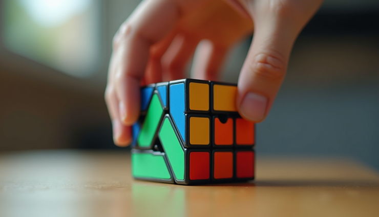 Eye-level view of a 3x3 cube mid-turn showing finger placement for a smooth twist