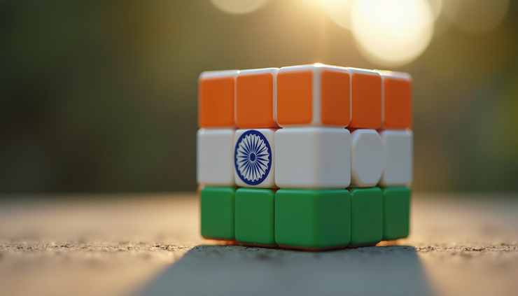 Eye-level view of a 3x3 cube showing the Indian flag pattern on one face