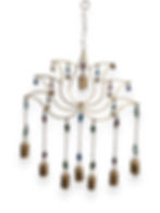 Ornate brass lotus wind chime with dangling cylindrical bells and multicolored glass beads.
