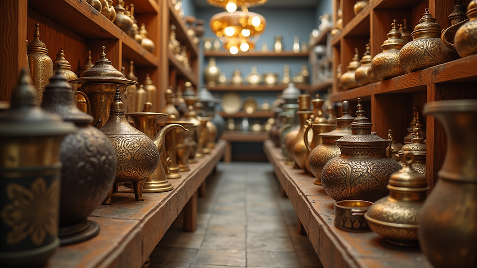 Eye-level view of a showroom displaying various metal handicraft items including brass and copper decor