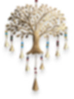 Ornate brass Tree of Life wind chime with detailed leaves and hanging conical bells on colorful bead strings