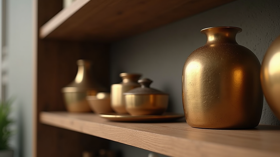 Eye-level view of brass decorative items arranged on a wooden shelf