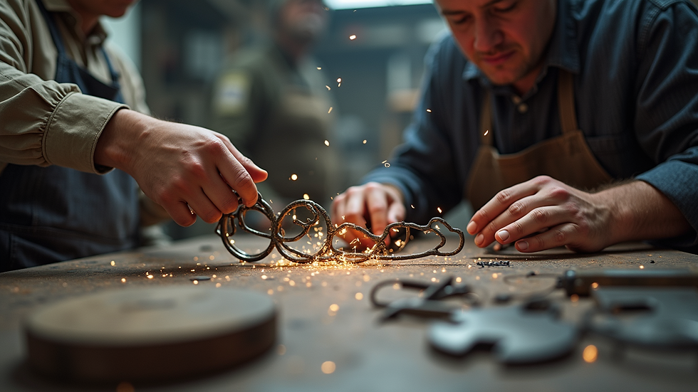 Eye-level view of a workshop with artisans crafting metal decor