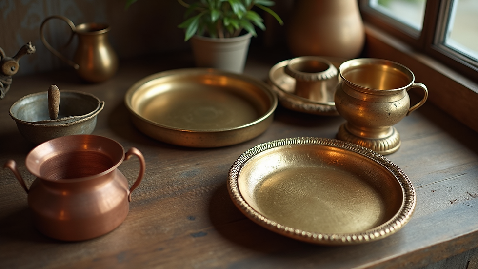 High angle view of a collection of mixed metal artware including brass and copper trays