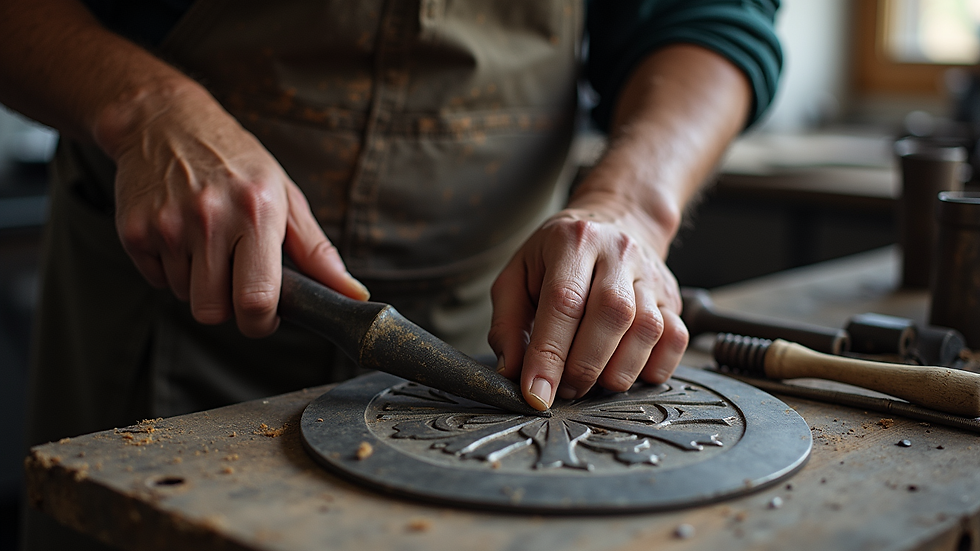 Eye-level view of artisan crafting metal decor using traditional tools