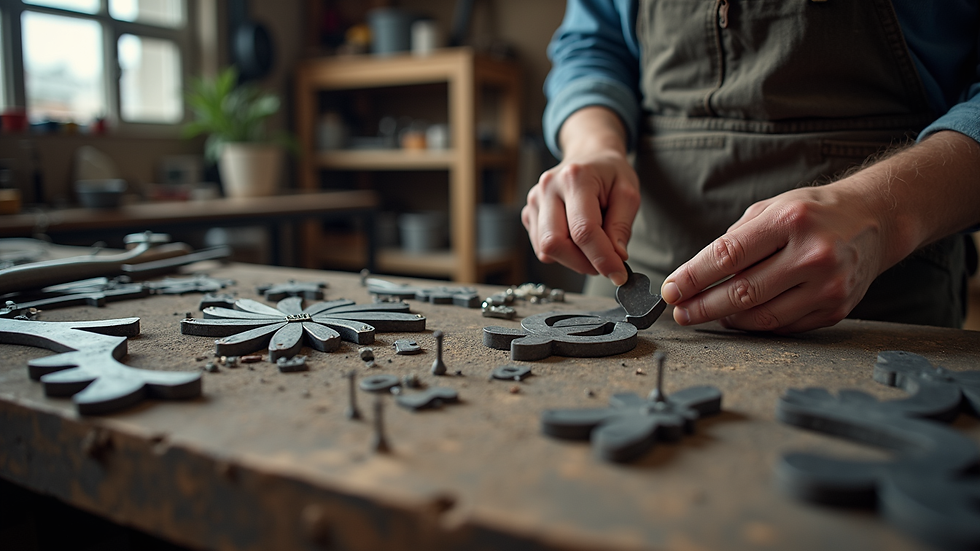 Eye-level view of artisan crafting metal decor in workshop