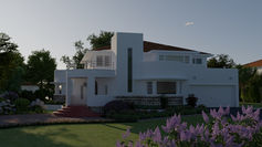 An Art Deco style house in a garden surrounded by trees. The walls are white plaster with several stone courses at the base. The roof has red clay tiles. There's an open entrance porch with a red concrete floor and steps on the left and a white double garage door on the right. The sun is setting behind the house so shadows are lengthening across the lawn.