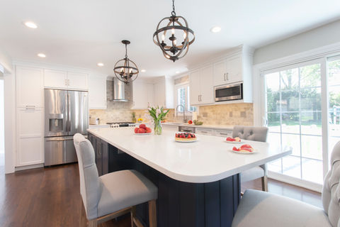 Blue cabinets kitchen island quartz countertops