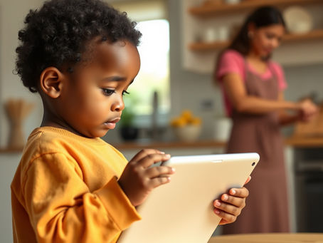 Child engaged in ipad while mother is in background doing chores.