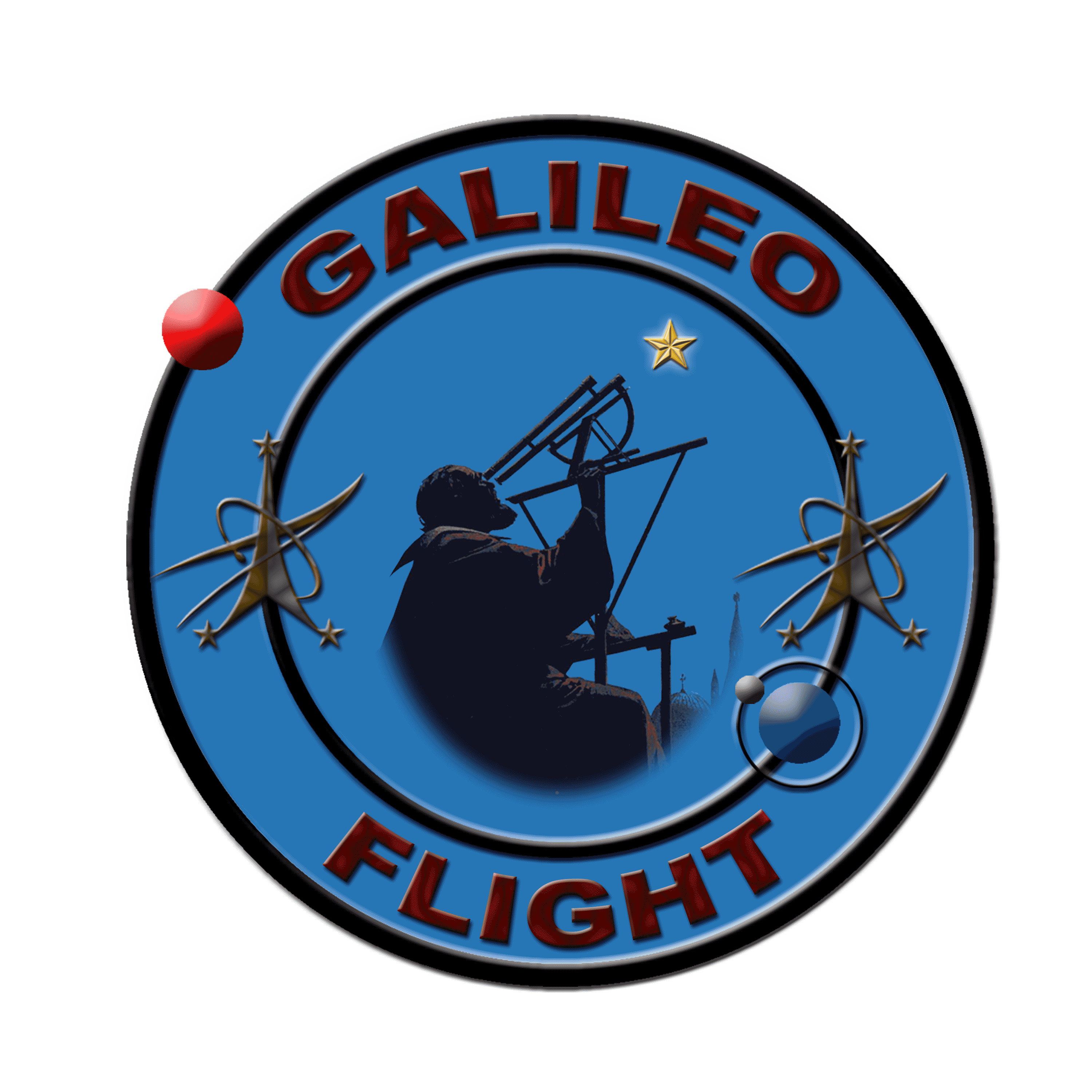 This is a picture of the logo for Flight Director Robert Dempsey, NASA call sign of Galileo.  It shows Galileo in shadow looking through a telecope at a yellow star.  Galielo is writen along the top of the circular logo and Flight along the bottom. At the 10 pm position there is a red ciricle symbolizing Mars.  Around the 4 pm position is a blue circle, representing the earth, being orbited by a gray dot for the moon.  The NASA flight director symboel is on both sides of the image.