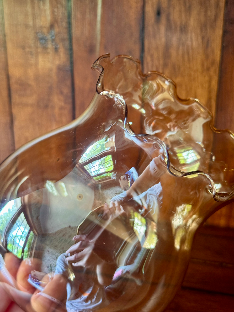 Thumbnail: Vintage Iridescent Amber Glass Lampshade with Frilled Rim