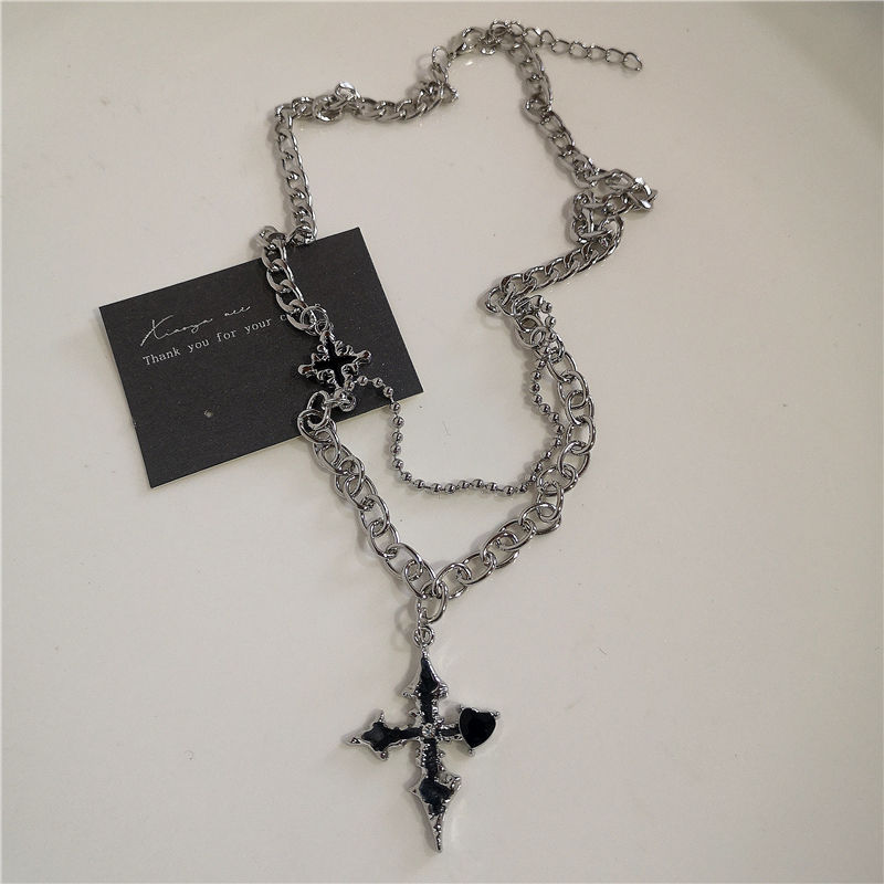 Thumbnail: Punk Rock Black Heart Cross Pendant Chain Necklace For Men Women Cool Hip Hop St