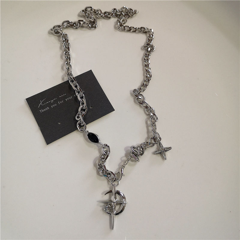 Thumbnail: Punk Rock Black Heart Cross Pendant Chain Necklace For Men Women Cool Hip Hop St