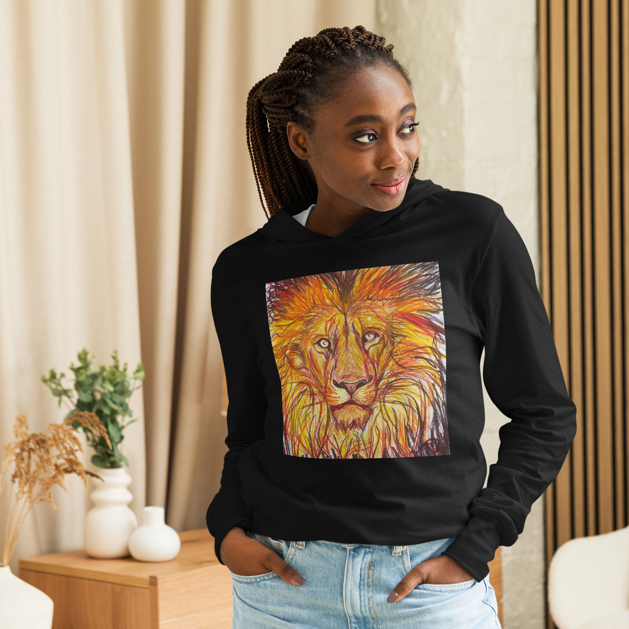 Lion Hooded long-sleeve tee, By BBeh Art Studio, LLC