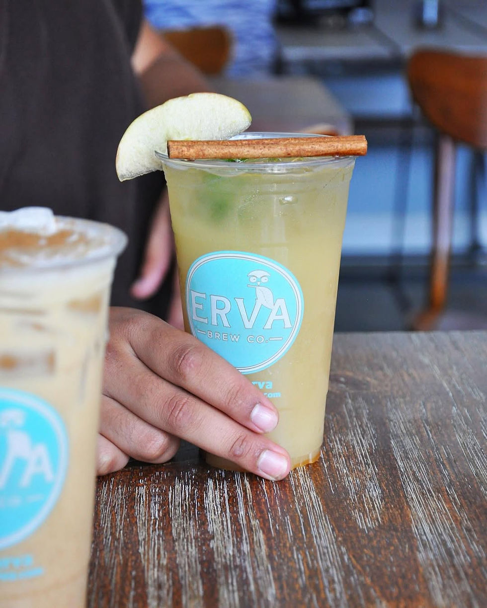 A hand serving an Erva Brew yerba mate mocktail topped with apple slices and a cinnamon stick.
