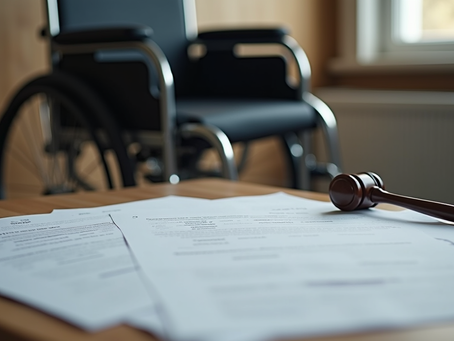 a wheelchair and legal documents on a desk