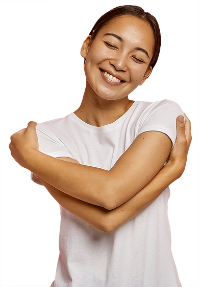 care-tenderness-concept-mirthful-positive-brunette-asian-female-hugs-herself-gently-tilts-