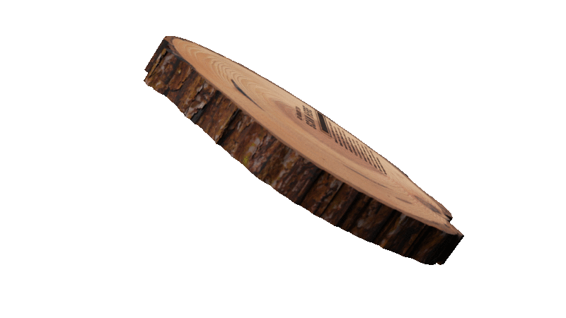 A rotating gif of a tree-trunk cross section depicting text and a barcode