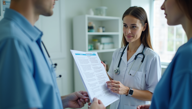 Eye-level view of a nurse reviewing a patient’s medication chart in a clinical setting
