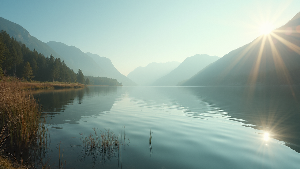 Eye-level view of a serene landscape with a peaceful lake