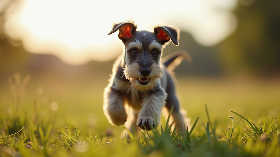 Eye-level view of a Schnauzer puppy playing in a grassy field