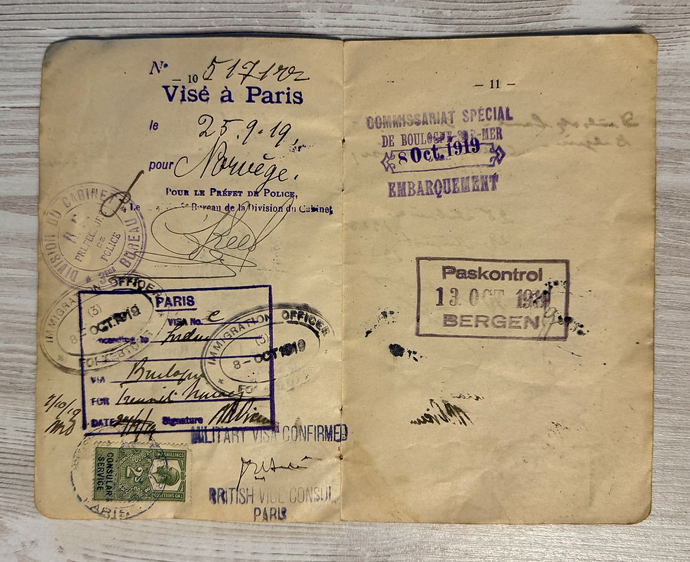 Thumbnail: WW1 Norway 1919 passport w/ UK, Dutch, French, German visas & entry/exit stamps