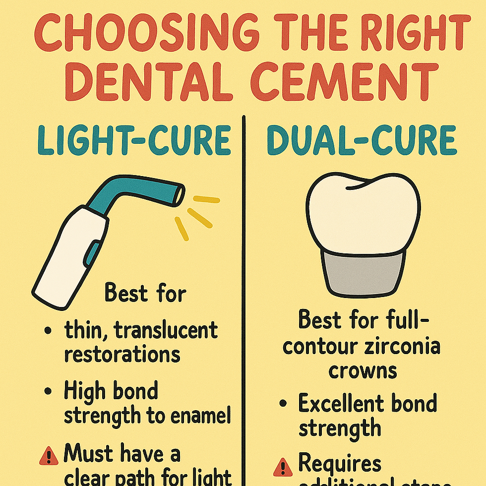 A colorful, cartoon-style infographic comparing light-cure and dual-cure dental cements. The left side features a curing light with text stating that light-cure cement is best for thin, translucent restorations and provides high bond strength to enamel, but requires a clear path for light. The right side shows a zirconia crown, explaining that dual-cure cement is best for full-contour zirconia crowns, offers excellent bond strength, and requires additional steps. The layout is simple and playful, ideal for patient-friendly education.