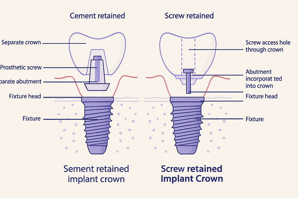 Cross-sectional diagram comparing screw-retained and cement-retained implant crowns, showing implant fixture, abutment, and zirconia crown.