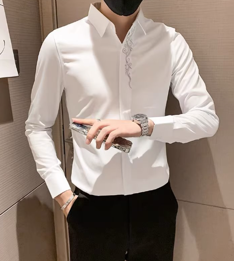 Miniatura: Men's Korean Style Embroidered Long Sleeve Shirt
