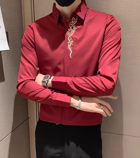 Miniatura: Men's Korean Style Embroidered Long Sleeve Shirt