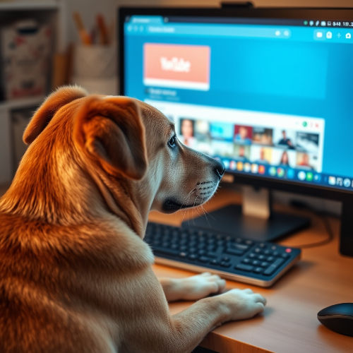 a dog at a computer using youtube.com to dog train