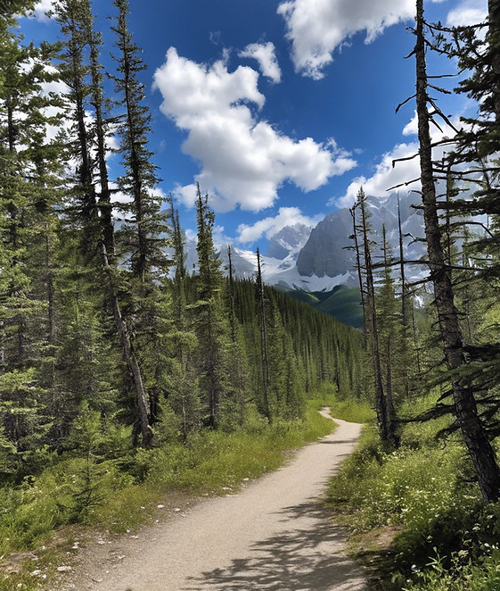 Kananaskis Alberta, trail, bright sky, lots of trees.jpg