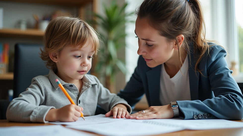 Eye-level view of a parent and educator discussing a child's learning plan