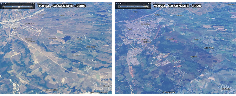 Imagen satelital Google Earth. Crecimiento demográfico Yopal, Casanare. Año 2000 vs año 2025