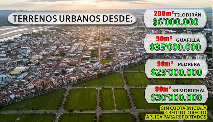 Oferta de terrenos urbanos a crédito. Contiene: área, ubicaciones, valor del terreno.